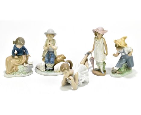 NAO; five assorted figures including a boy seated on a log beside lambs, playing the flute, height 19cm, etc (5).Additional I