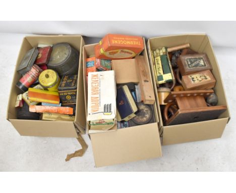 A collection of vintage metal and treen collectors items, to include various advertising tings including a barrel shaped exam