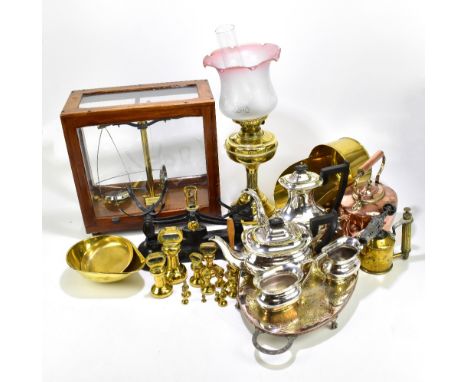 A quantity of 19th century and later metalware including a brass oil lamp and frosted glass shade, a Viners four piece plated