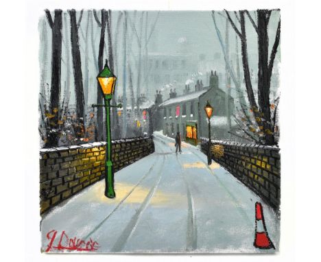 JAMES DOWNIE (born 1949); oil on canvas, figure walking in snowy street scene, signed lower left, 30 x 30cm, unframed. (D)Add