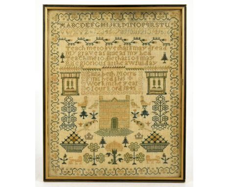 A Victorian needlework sampler worked by Elizabeth Morris, dated 1845, worked with a house, birds and flowers within a floral