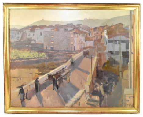 KEN HOWARD OBE PPNEAC RA RBA RBSA ROI I RWA (born 1932); large oil on canvas, Continental street scene with figures on a brid