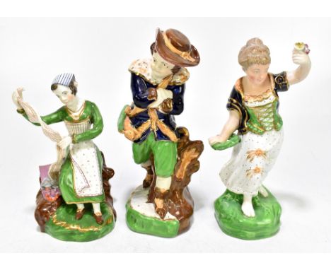 A pair of 19th century ceramic figures, probably Derby, representing a hunting boy wearing a cap and dead game in his bag, he