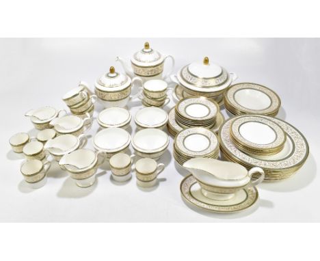 MINTON; an 'Aragon' pattern sixty-seven part dinner service comprising tureen and cover, coffee pot and cover, teapot and cov