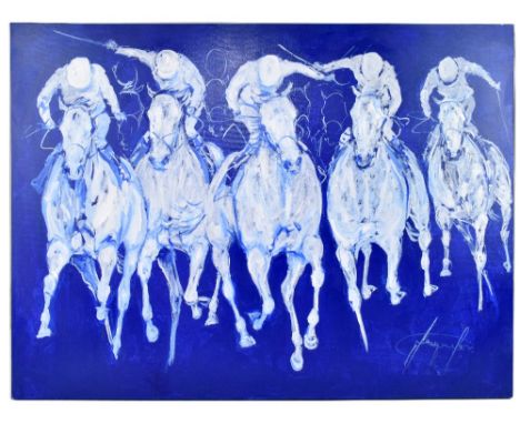 JACQUIE JONES; acrylic on canvas, 'The Last Push', 75 x 100cm, unframed. (D)Additional InformationLight wear but good conditi