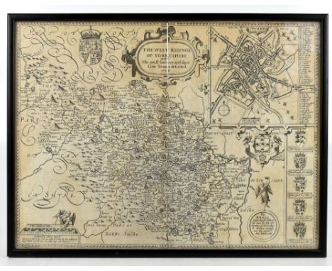 JOHN SPEEDE; a 17th century map of Yorkshire, 52 x 39cm, framed and glazed.