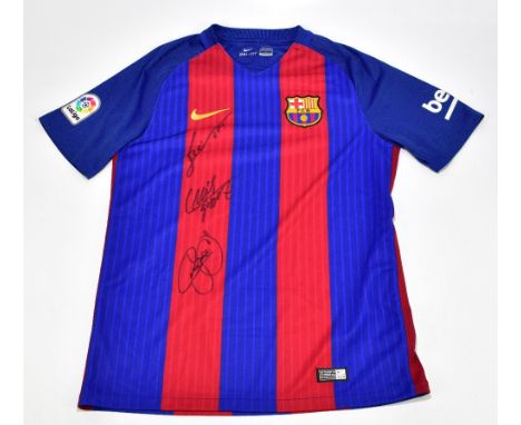 BARCELONA; a Nike 2016/17 home shirt, signed to the front by Messi, Suarez and Neymar, size M.Additional InformationCreasing 