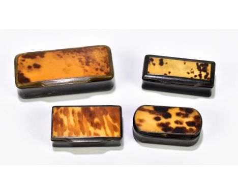 Four Georgian and later horn and tortoiseshell mounted snuff boxes, three examples of rectangular form, length of largest exa