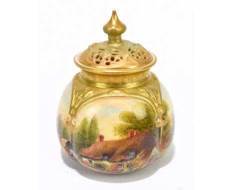 RUSHTON FOR ROYAL WORCESTER; a hand painted pot pourri jar and cover, decorated with a horse and cart beside a thatched cotta