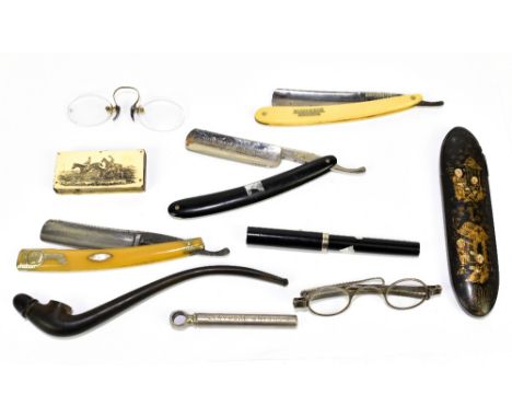 An assortment of collectors' items including a late Victorian Oriental style lacquered spectacle case, cut throat razors, spe