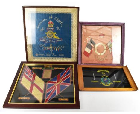A WWI souvenir of Egypt embroidered Royal Artillery panel dedicated to 'Dear Wife, from Willie', 57 x 54cm, with a Royal Drag