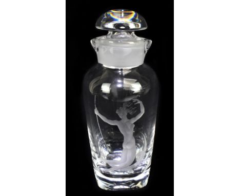 ORREFORS; an unusual cut glass wine pourer of cylindrical form, engraved with a nude maiden below a double spout, signed, hei