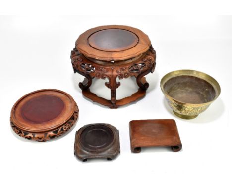 A low Chinese hardwood jardinière stand, height 22cm, diameter approx. 30cm, a&nbsp; Chinese vase stand, a smaller vase stand