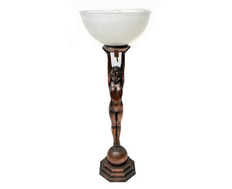 An Art Deco style coppered metal figural table lamp, with ribbed glass shade supported by a nude female figure, on stepped oc