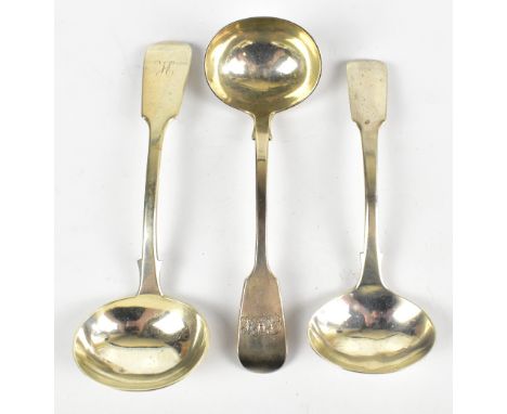 SAMUEL WHITEFORD; a Victorian hallmarked silver ladle, London 1868, and two further hallmarked silver examples, approx. 4.36o