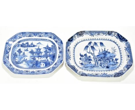 Two 18th century Chinese meat plates, one depicting peony rockwork scenes and the other depicting a village scene.Additional 