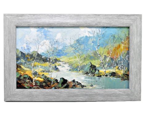 CHARLES WYATT WARREN (1908-1993); oil on board, Welsh landscape with river, signed lower left, 19 x 34cm, framed. (D)Addition