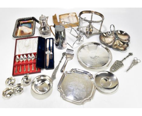 A quantity of silver plate including spirit kettle stand, cased set of mother of pearl handled serving tools, three sectioned