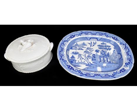 A large blue and white oval 'Willow' pattern meat plate with tree shaped reservoir, length 48cm, also a Royal Worcester gourm