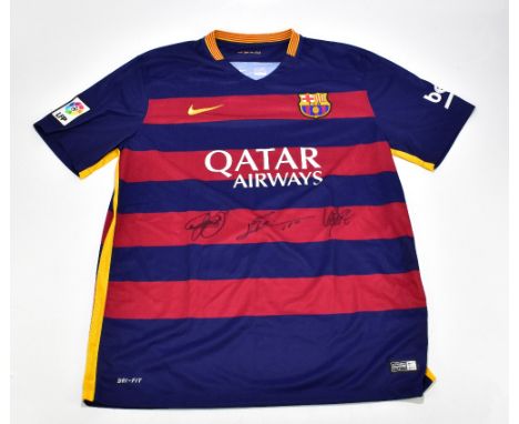 BARCELONA; a Nike 2015/16 home shirt, signed to the front by Messi, Suarez and Neymar, size XL.Additional InformationCreasing