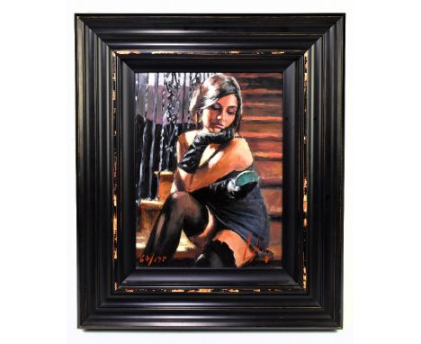 FABIEN PEREZ (born 1967); limited edition print on canvas, seated maiden wearing stockings, bears DeMontfort biography label 