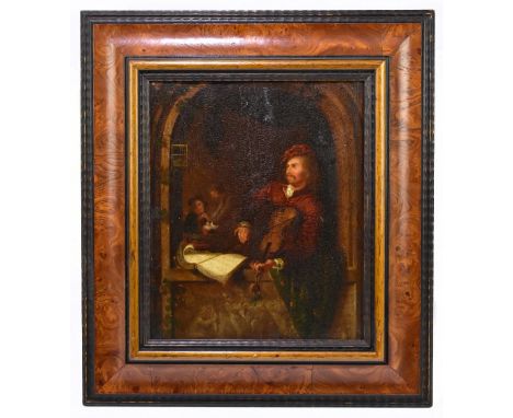 18TH CENTURY CONTINENTAL SCHOOL; oil on panel, a violinist at window with music score by his side, figures in interior beyond
