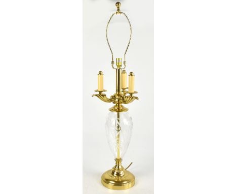 A reproduction brass and glass table lamp of Empire style, height 82cm. 
Additional InformationThe lamp has no cable and will