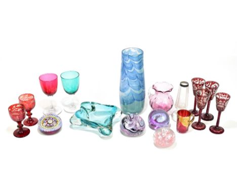 An assortment of Edwardian and later glassware including a Perthshire glass paperweight with millefiori decoration, a Caithne