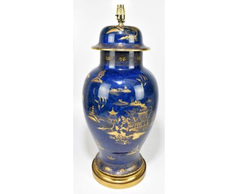 A Carlton Ware blue ground gilt heightened Chinoiserie decorated jar and cover, converted to a lamp, height including fitment