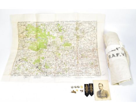 A small group of military items comprising Home Guard map, RAF bag, a photograph of Francis Collins and his badges and button