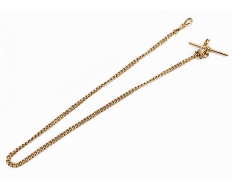 A 9ct yellow gold curb link Albert chain with 9ct gold T-bar, length 39cm, approx. 17.9g.Additional InformationLight wear but