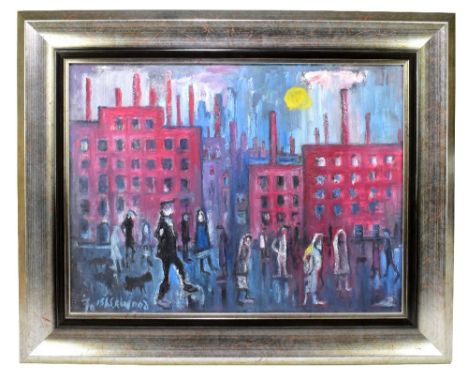 JAMES LAWRENCE ISHERWOOD (1917-1989); oil on board, northern mill landscape with figures in foreground, signed, 45 x 60cm, fr