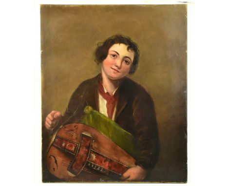 19TH CENTURY ENGLISH SCHOOL; portrait of a young woman holding a stringed musical instrument, unsigned, 74 x 61.5cm, relined,