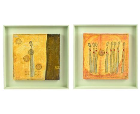 INGRID WYLD; pair of mixed media on panel, study of figures, each signed and dated '02, 29.5 x 29.5cm, framed (2)Additional I