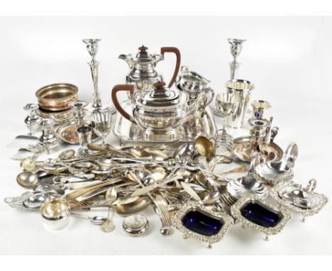 A collection of 19th century and later silver plate including a Harrod's four piece tea service, a pair of Sheffield plate ch