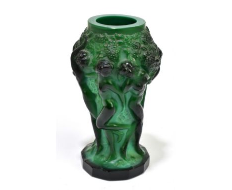 IN THE MANNER HOFFMAN &amp; SCHLEVOGT; an Art Deco Czechoslovakian green malachite glass vase, relief moulded with nude maide