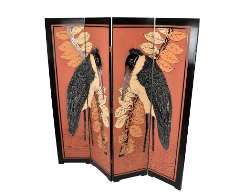 A Japanese Art Deco style carved, painted and lacquered four fold room screen, decorated with birds, height 178cm, length 164