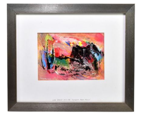 DAVID WILDE (1918-1978); acrylic on board, 'Sunset Aber Falls', signed lower right, 14 x 20cm, framed and glazed. (D)Addition