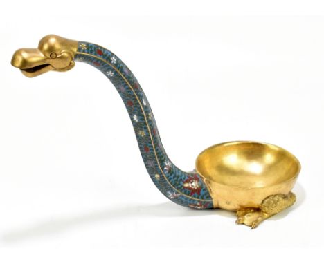 An unusual Chinese gilt metal and cloisonné brush washer modelled as a stylised sea creature with oval bowl and impressed sea