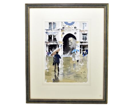 JOHN YARDLEY RI (born 1933); watercolour, 'Showery Day, Venice', signed lower right, bears Richard Hagen Gallery label verso,