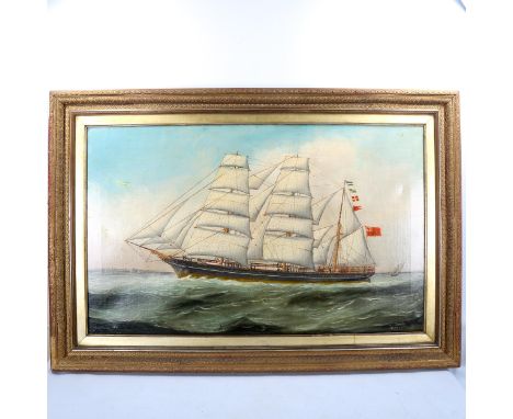 W S Alfred, oil on canvas, 3-masted sailing ship Taunton off the coast, signed and dated 1883, 60cm x 100cm, original frameSe