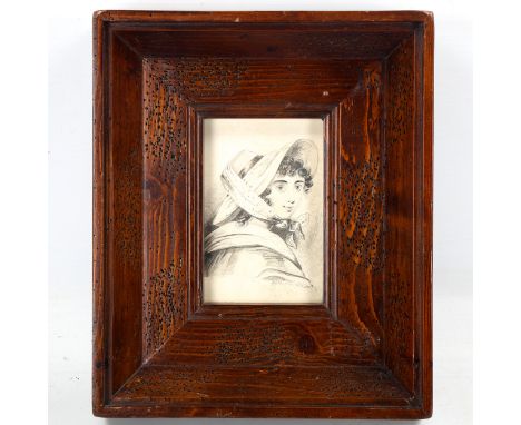 19th century pencil drawing, portrait of a woman, indistinctly signed, dated 1833?, 14cm x 9cm, modern frameGood condition 