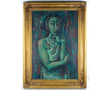 Large oil on canvas, surrealist portrait of a woman, signed with monogram, 98cm x 65cm, framedGood condition, probably re-lin