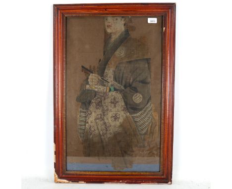 Early 19th century Japanese School, painting on fabric, portrait of a Geisha, 66cm x 40cm, framed (A/F) 