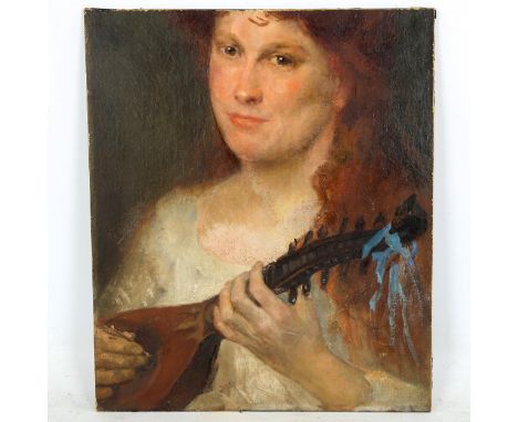 Late 19th/early 20th century oil on artist's board, girl playing a lute, unsigned, 41cm x 34cm, unframedGood condition, paint