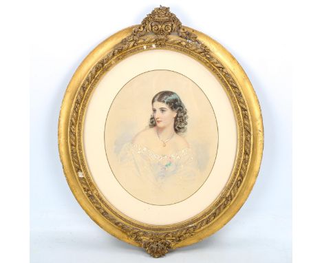 19th century watercolour, portrait of a young woman, unsigned, 30cm x 25cm, framedVery slight paper discolouration, several v