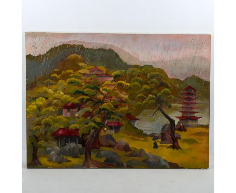Denise Singleton, oil on board, Oriental temples in landscape, 56cm x 77cm, unframedA few light paint abrasions on the edges,
