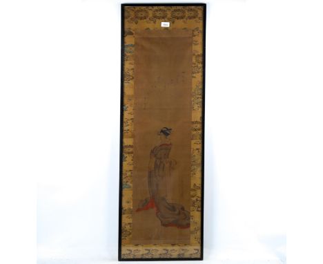 Chinese School, watercolour scroll painting, lady playing a small pipe, signed and titled, image 95cm x 27cm 