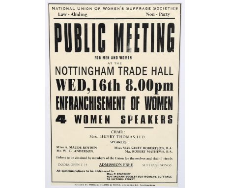 National Union Of Women's Suffrage Society's poster, early 20th century, 30cm x 20cm, mountedA few very light creases, genera