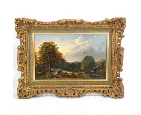 19th century oil on wood panel, cattle in landscape, indistinct artist inscription verso, 20cm x 30cm, framedAll in very good